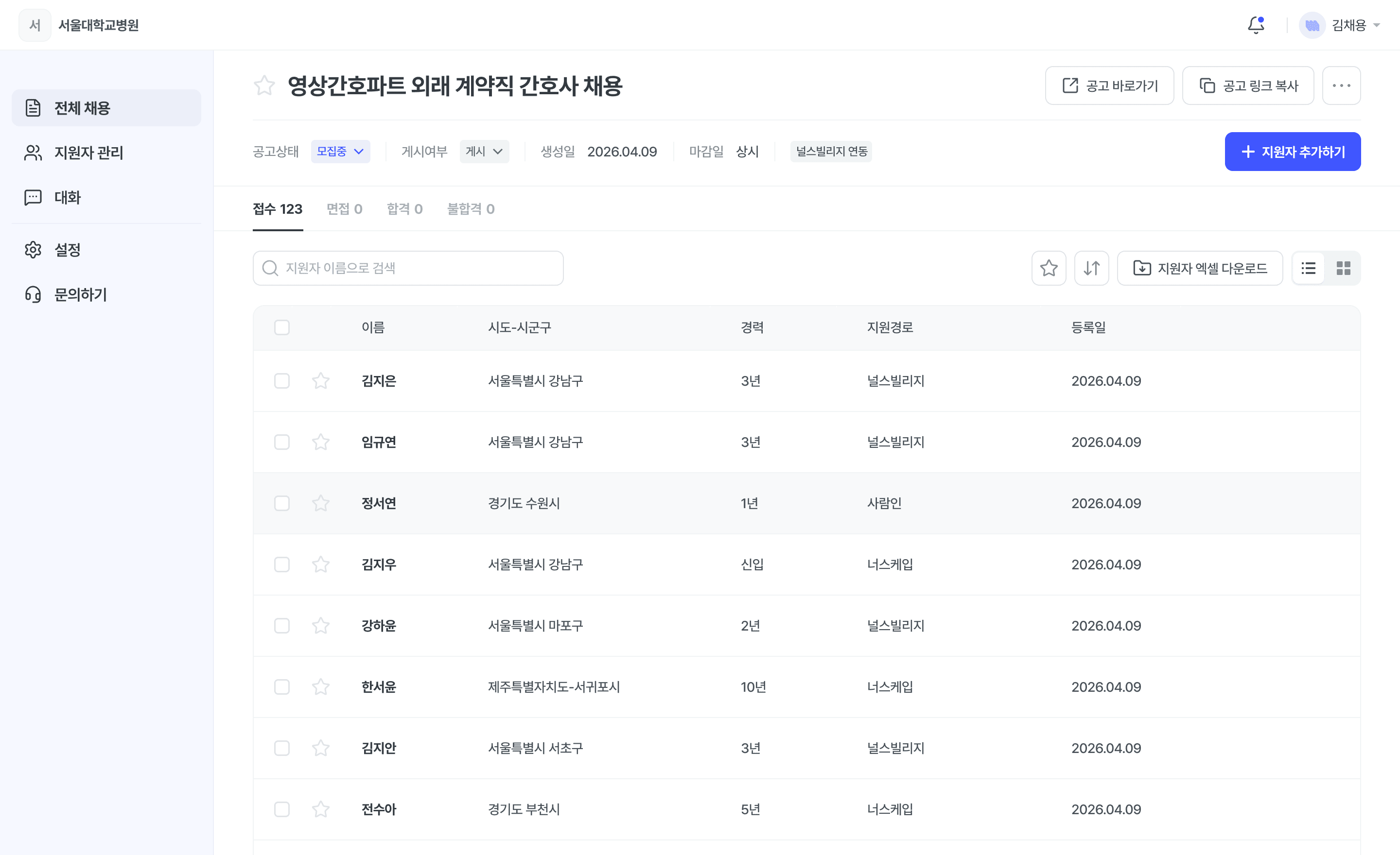 공고별 지원자 목록 — 지원경로에 널스빌리지·너스케입·사람인이 함께 보인다